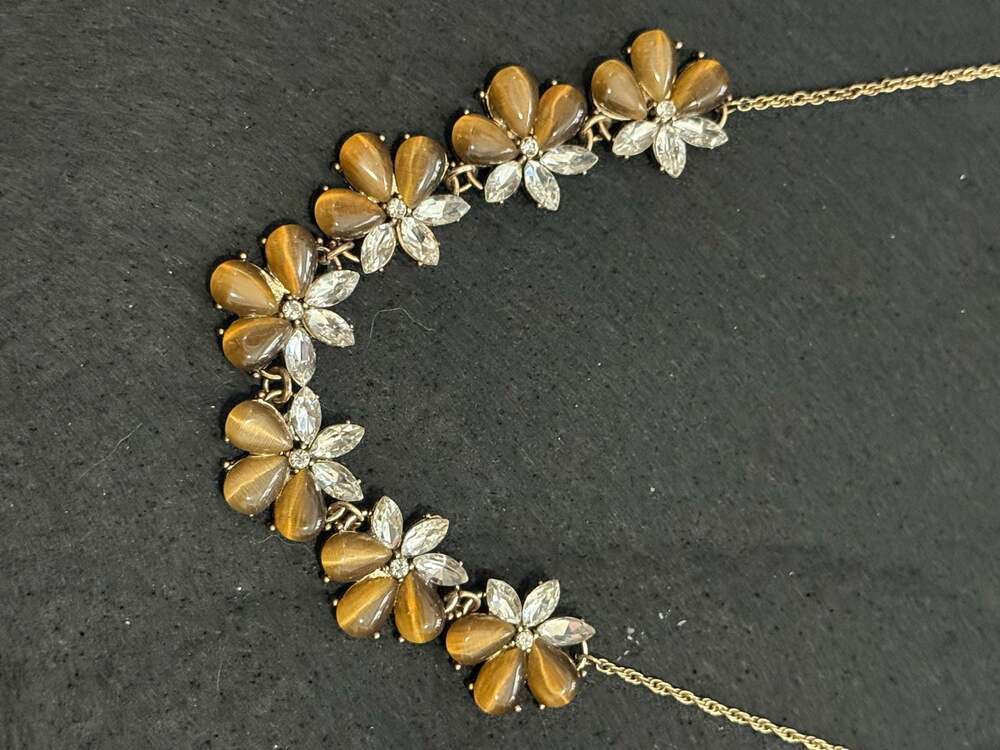 Floral Statement Necklace Tiger Eye and Clear Crystal